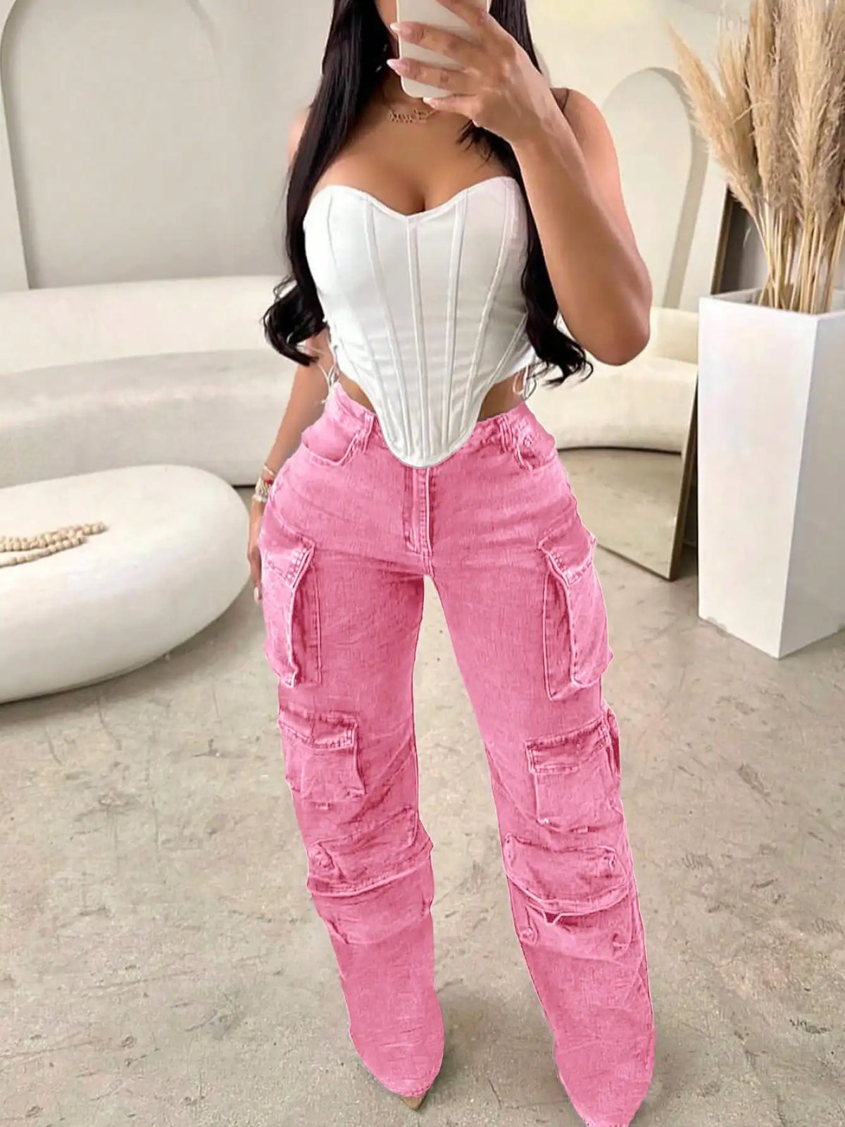 Women Casual High Rise Wide Leg Cargo Pants With Pockets