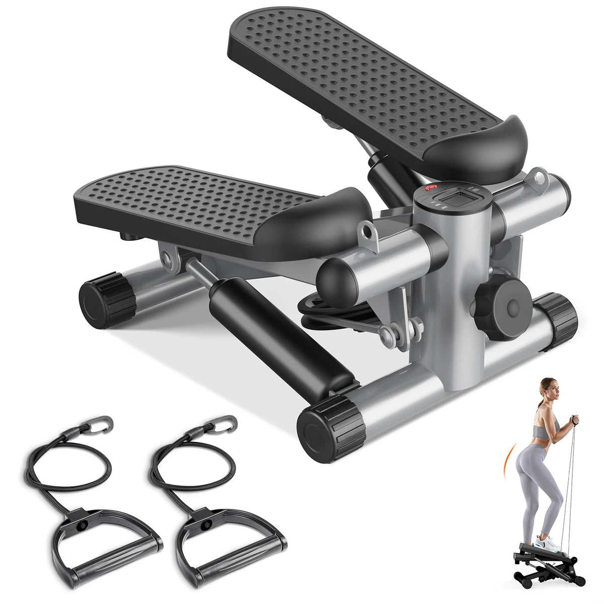 Hydraulic Mini Stepper With Resistance Bands LCD Monitor Home Cardio