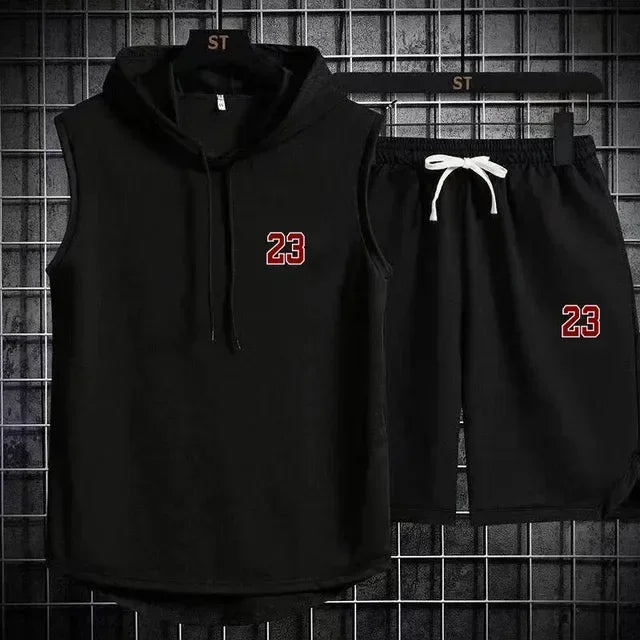 Summer Mens Sleeveless Hooded T Shirt And Shorts Set