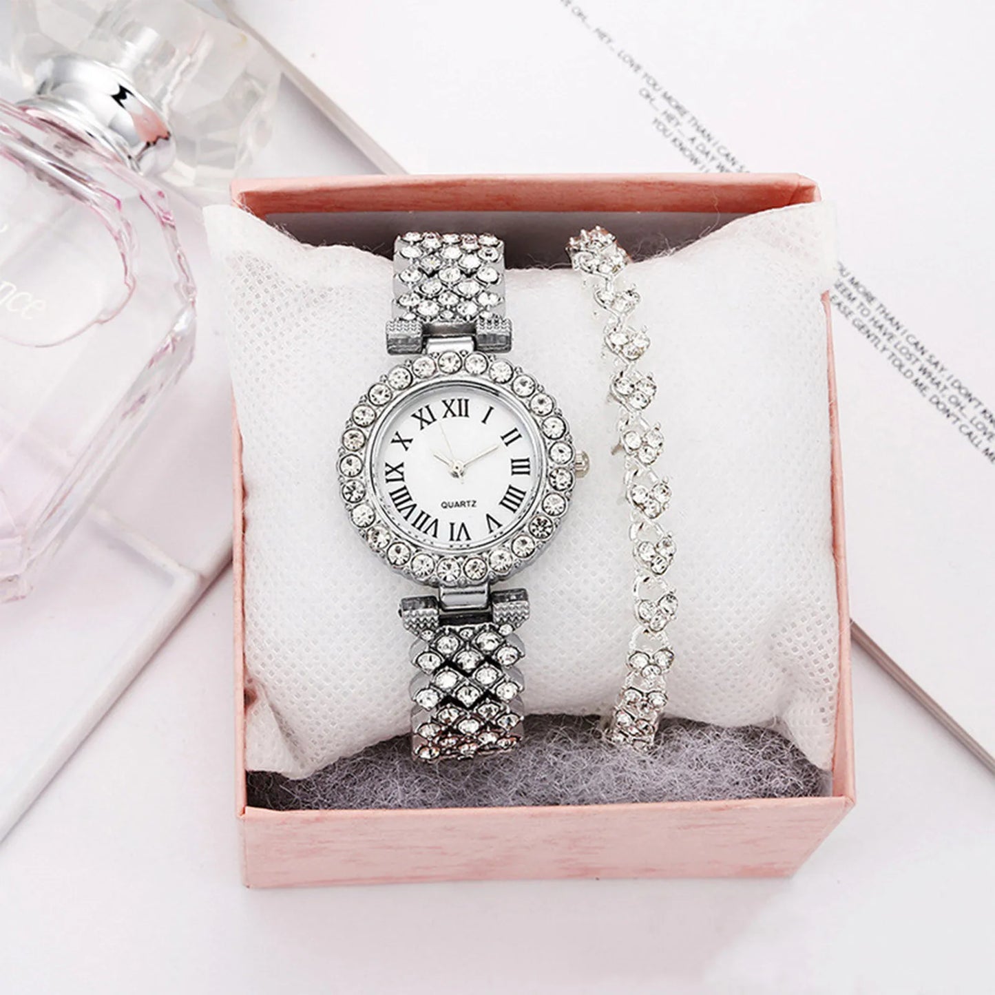Crystal Diamond Women Watches Set Two Piece Rhinestone Bracelet Gift