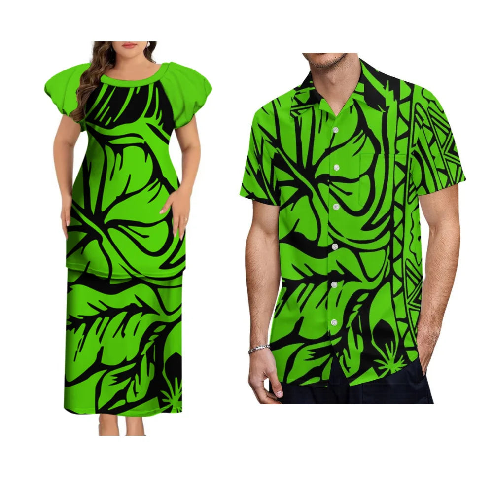 Puletasi Custom Polynesian Floral Print Long Dress Tonga Fiji Samoa Island Couple Suit Men'S Shirt Women'S Long Dress 2025 New