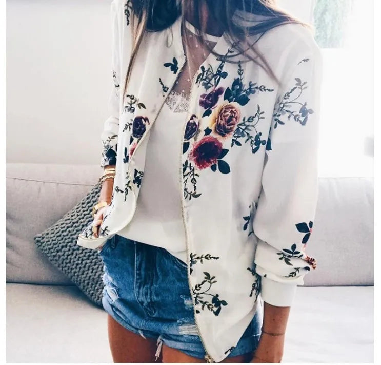 Women's Floral Zipper Bomber Jacket for Elegant Office Wear