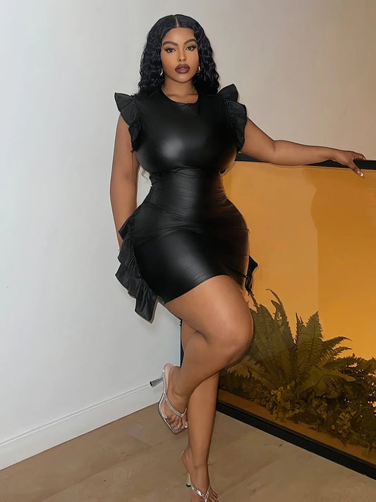 Faux Leather Ruffle Trim Bodycon Party Dress for Women