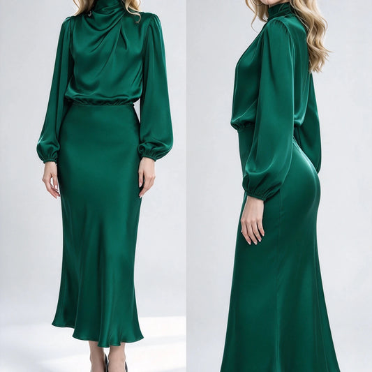 SCACTO Women's Satin Midi Dress With Elegant Draped Sleeves