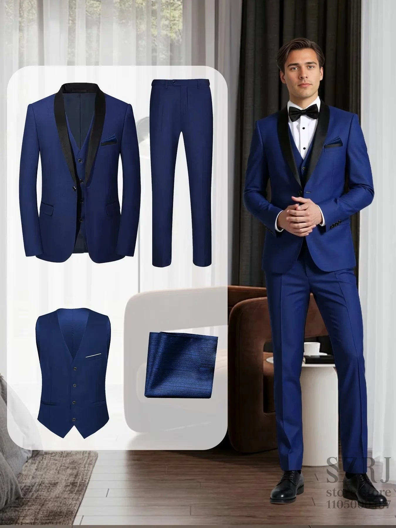 Mens Tuxedo 4 Piece Suit Jacket Vest Pants Pocket Square