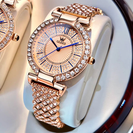 OLEVS Women's Quartz Watch With Diamond Strap And Roman Dial