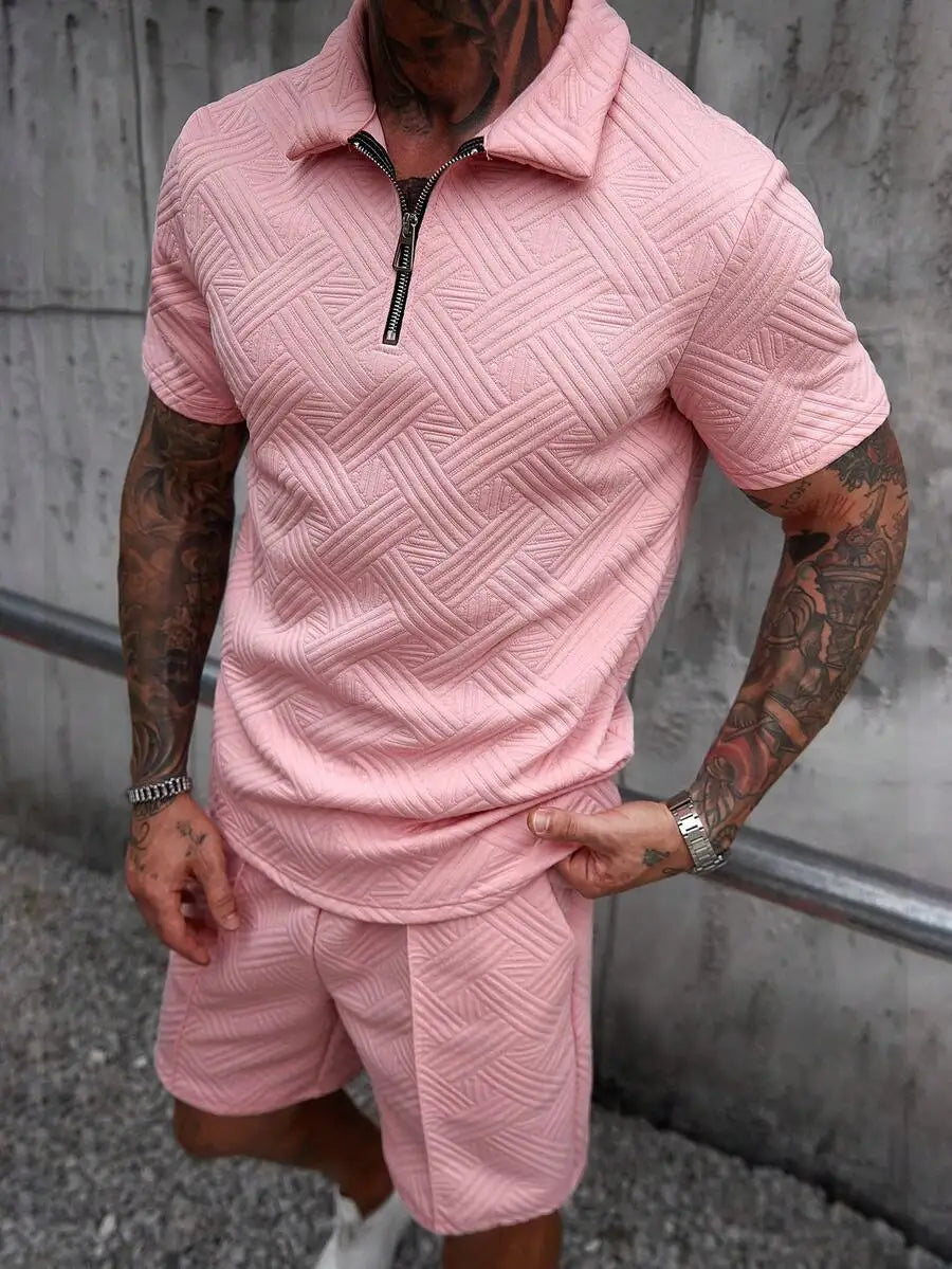 Mens 3D Textured Zipper Polo Casual Two Piece Summer Outfit