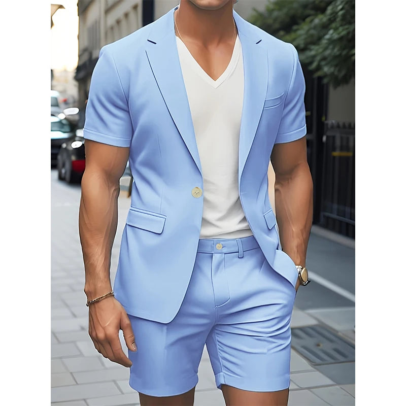 Men's Suit Summer Casual Suit 2 Piece Short Sleeve Suit Blazer 5 Inch Dress Shorts for Beach Weddings Suit Casual Occasions