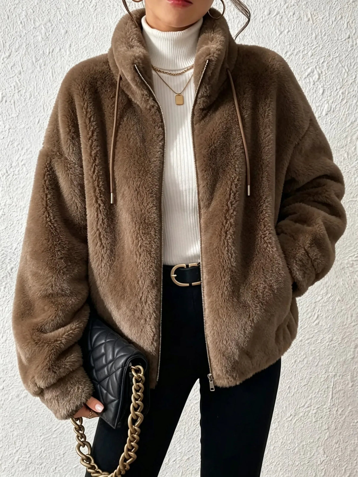 Women's Fuzzy Fleece Zip Up Jacket Loose Winter Plush Coat