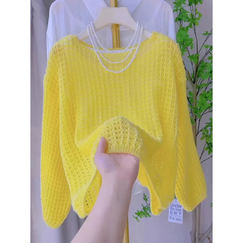 Women Thin Hollow Long Sleeve Knitted Sweater Spring Summer Top