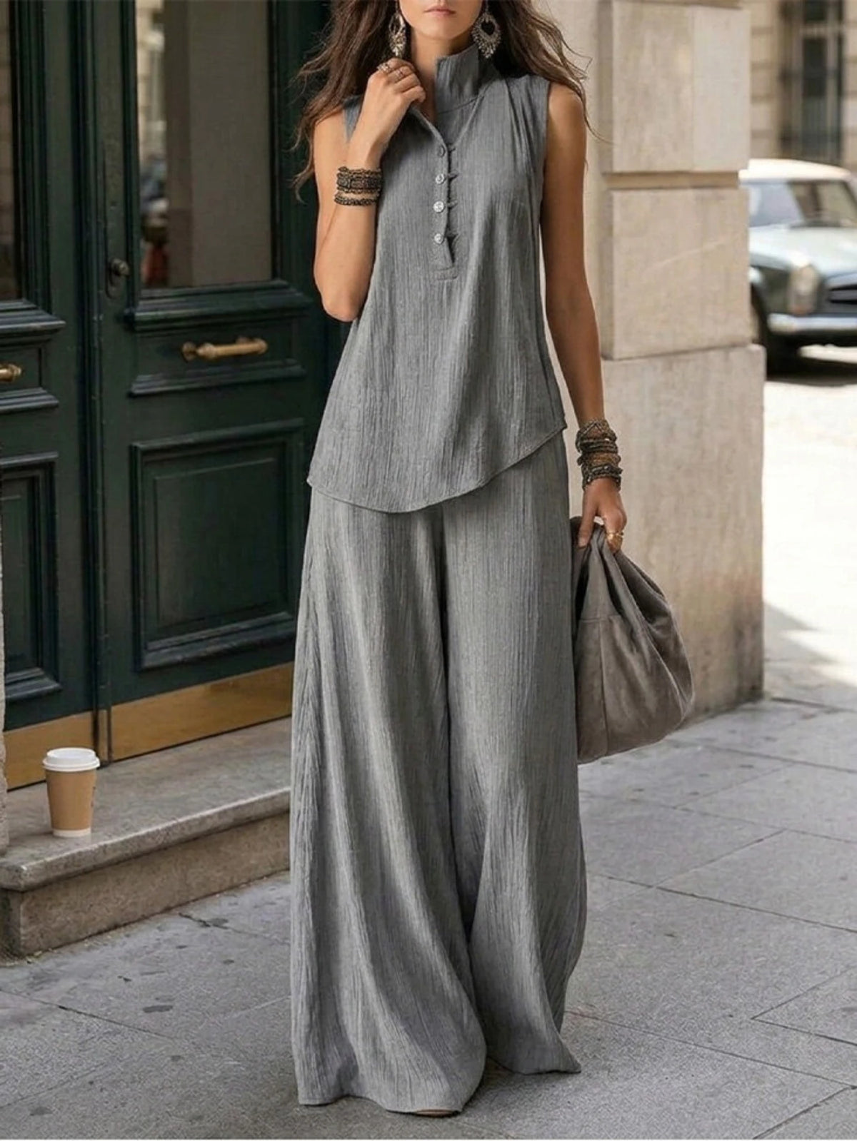 Women's Mock Neck Sleeveless Top Wide Leg Pants Set