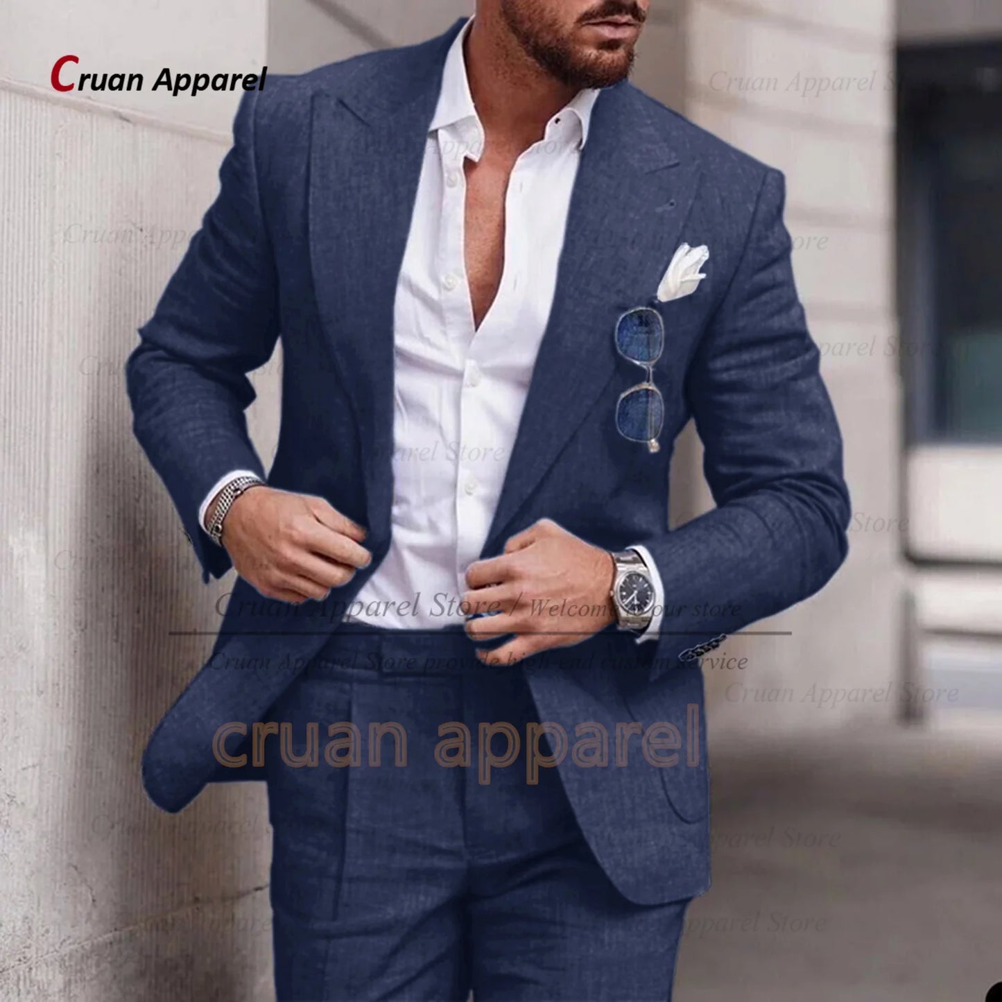Men's Linen Suit Set With Peaked Lapel Blazer Pants