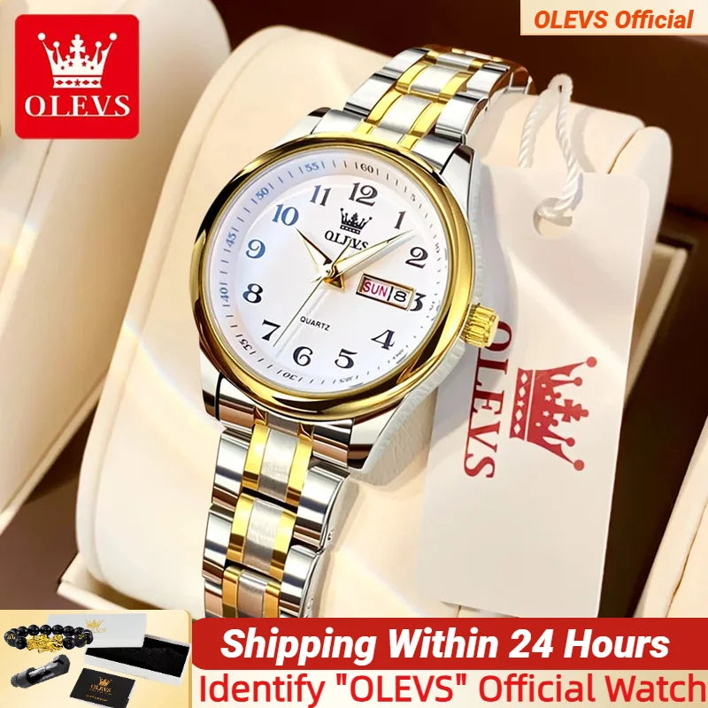 OLEVS Quartz Watch Women Fashion Stainless Steel Waterproof Luminous Luxury
