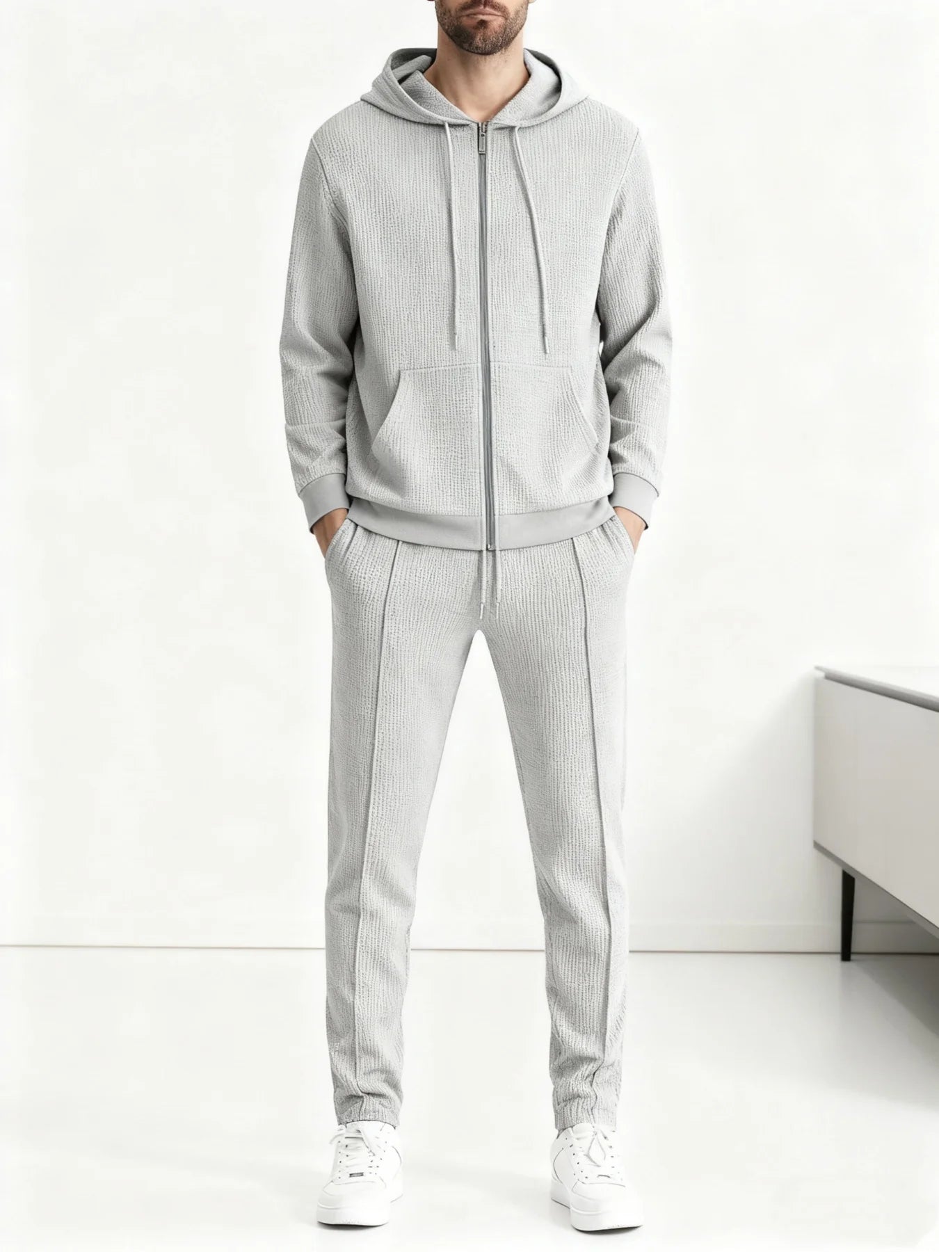 NONECN Spring Autumn Mens Waffle Tracksuit Set Hooded Jacket Pants