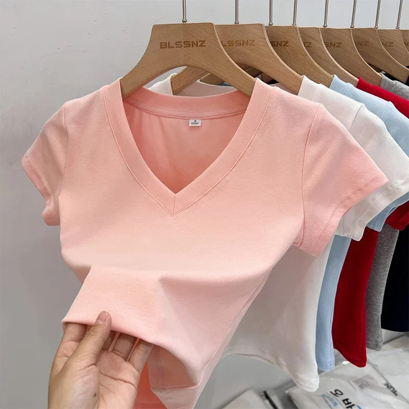 Summer Sexy V-neck Slim T Shirt Women Cotton Basic Solid Crop Tops Female Casual Tops Short Sleeve T-shirts 2026