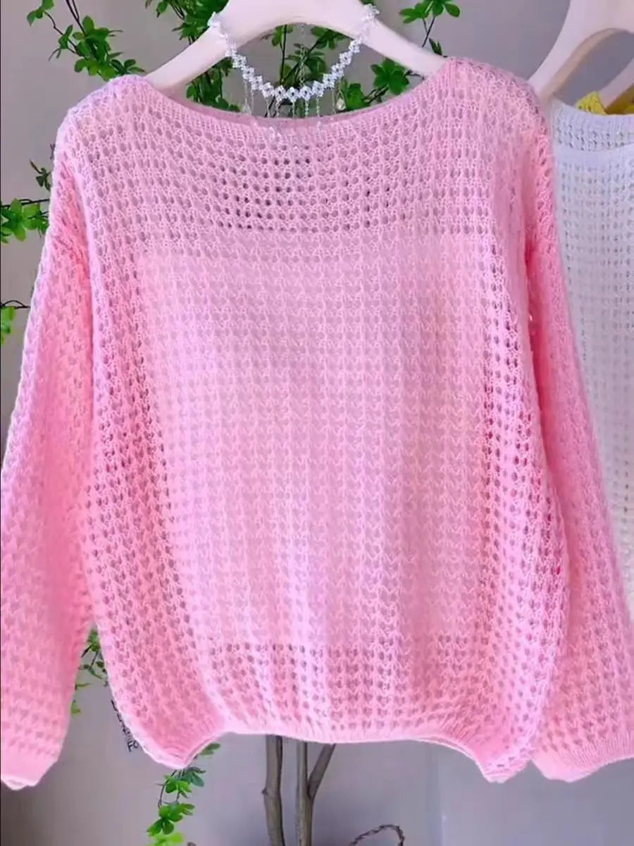 Women Thin Hollow Long Sleeve Knitted Sweater Spring Summer Top