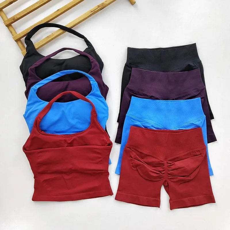 Yoga 2 Piece Seamless Backless Halter With High Waist Shorts