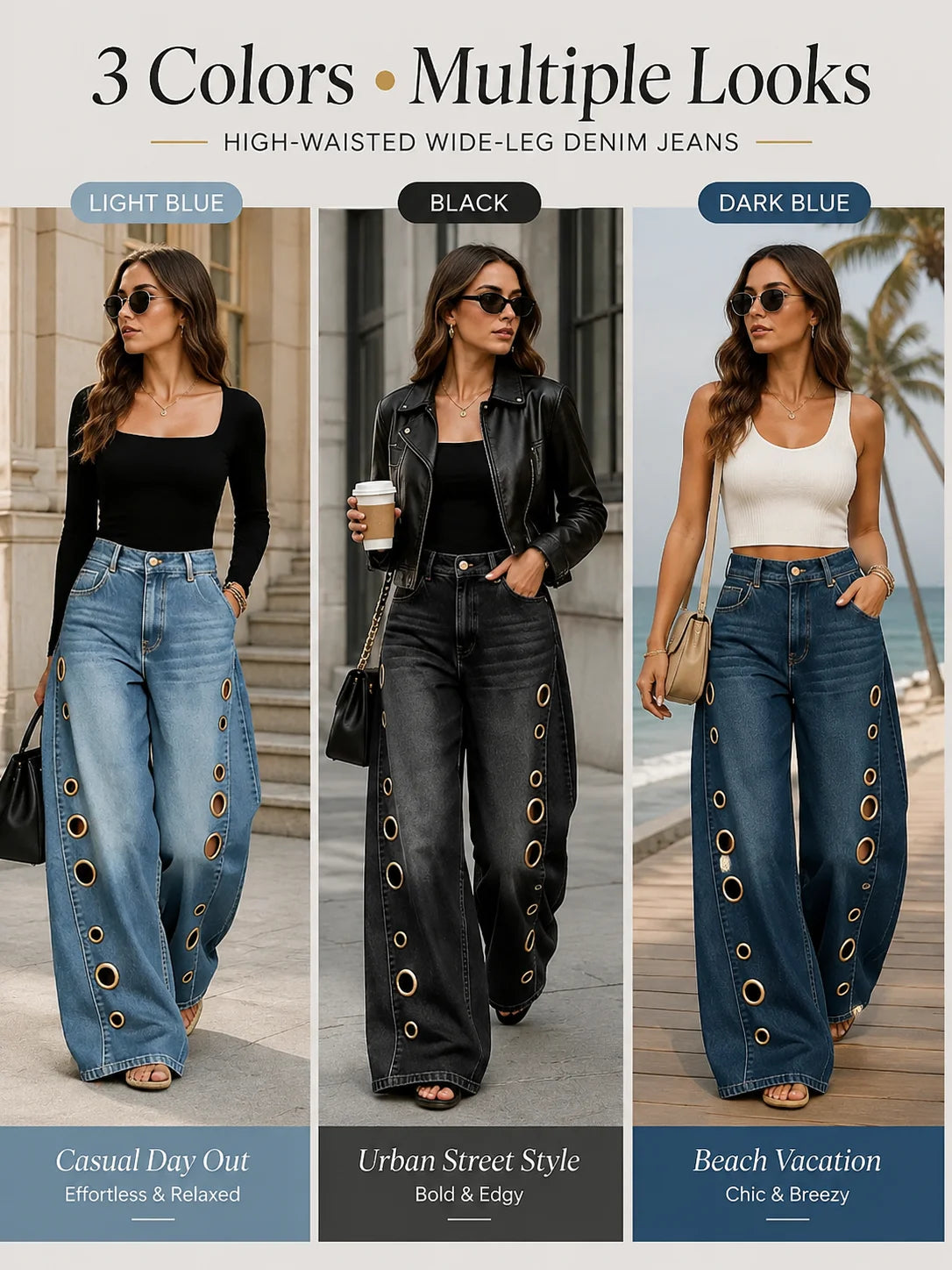 Women High Waist Wide Leg Cutout Denim Jeans With Pockets