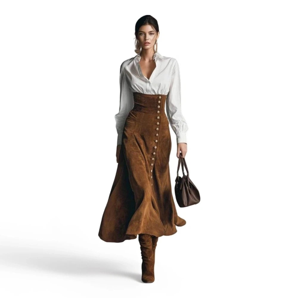 Stylish Two Piece Ensemble Featuring Lapel Shirt And Flared Skirt