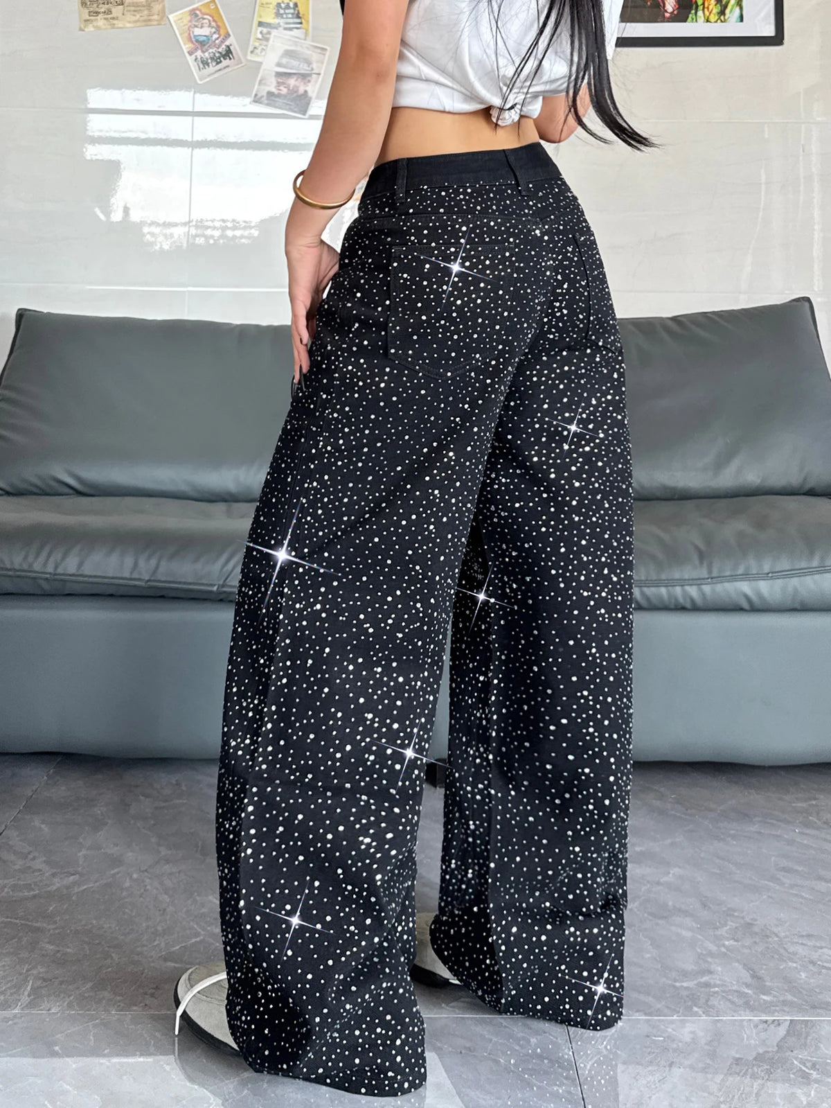 Women's Retro Washed Embroidered Wide-Leg High-Waisted Denim Jeans