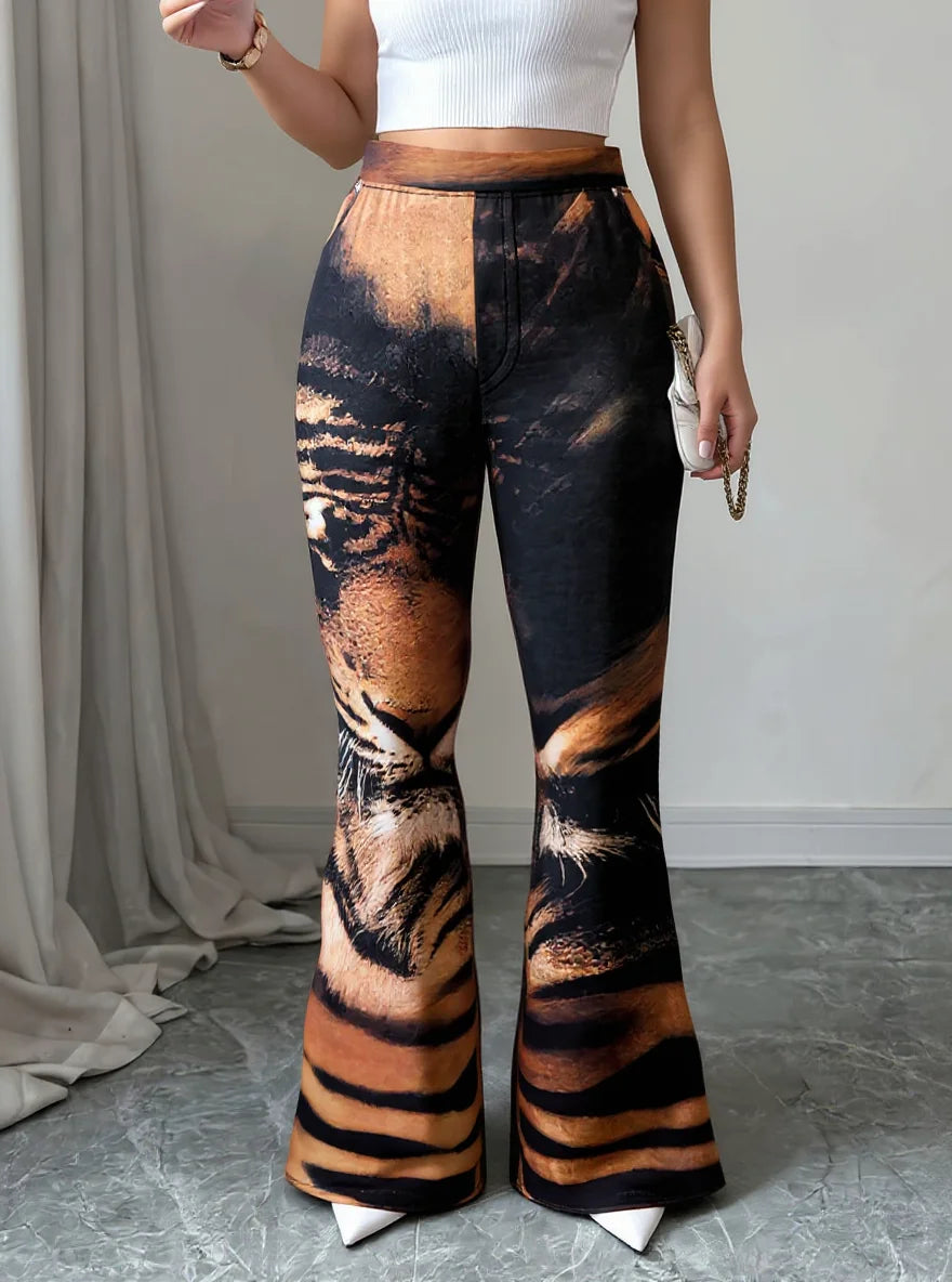 Women's Tiger Print High Waist Flare Pants For Streetwear