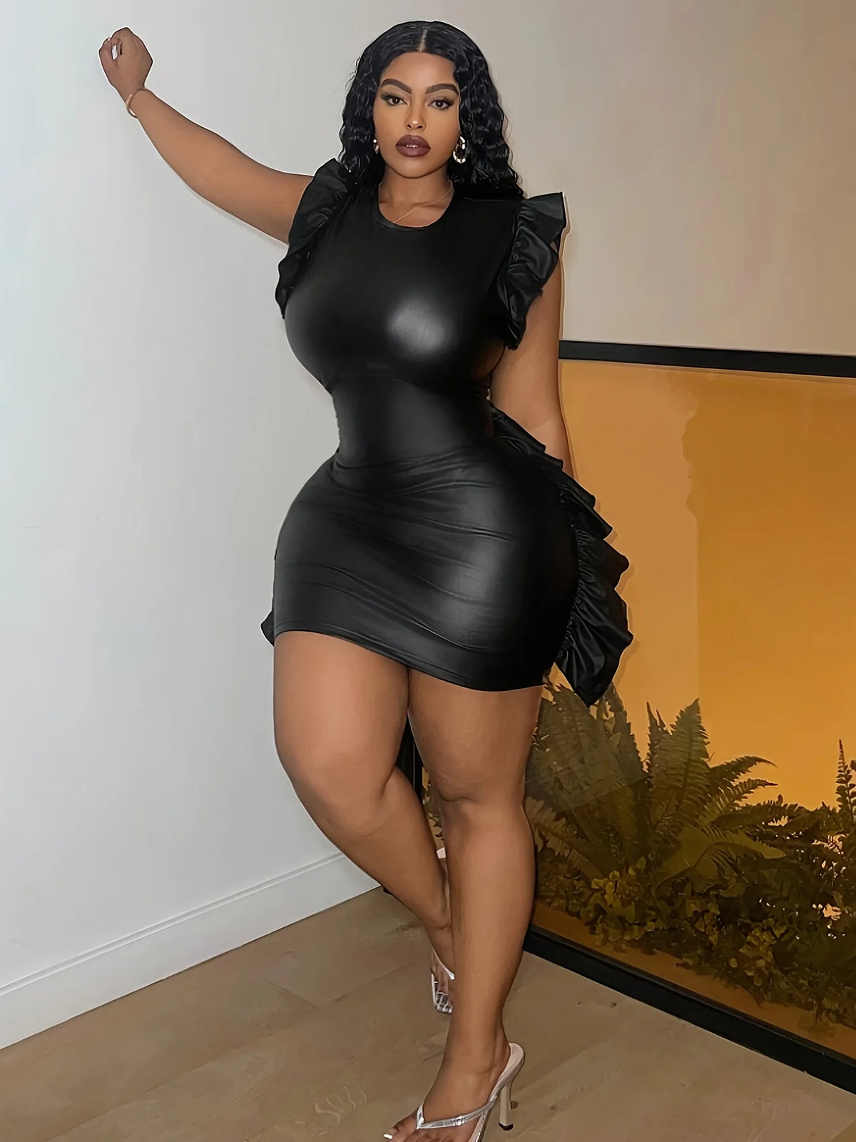 Faux Leather Ruffle Trim Bodycon Party Dress for Women