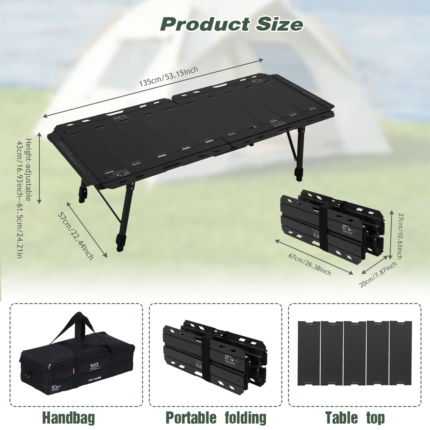Foldable Camping Table with Adjustable Height Legs 120kg Load Capacity Carry Bag