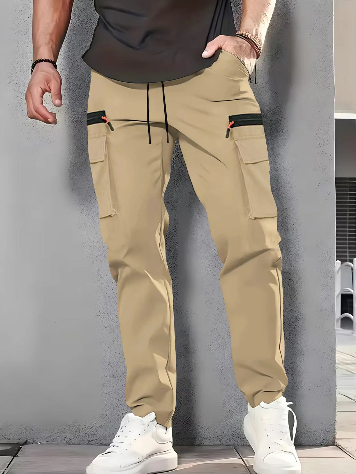 Men's Zipper Cargo Pants With Multiple Pockets Straight Leg Fit