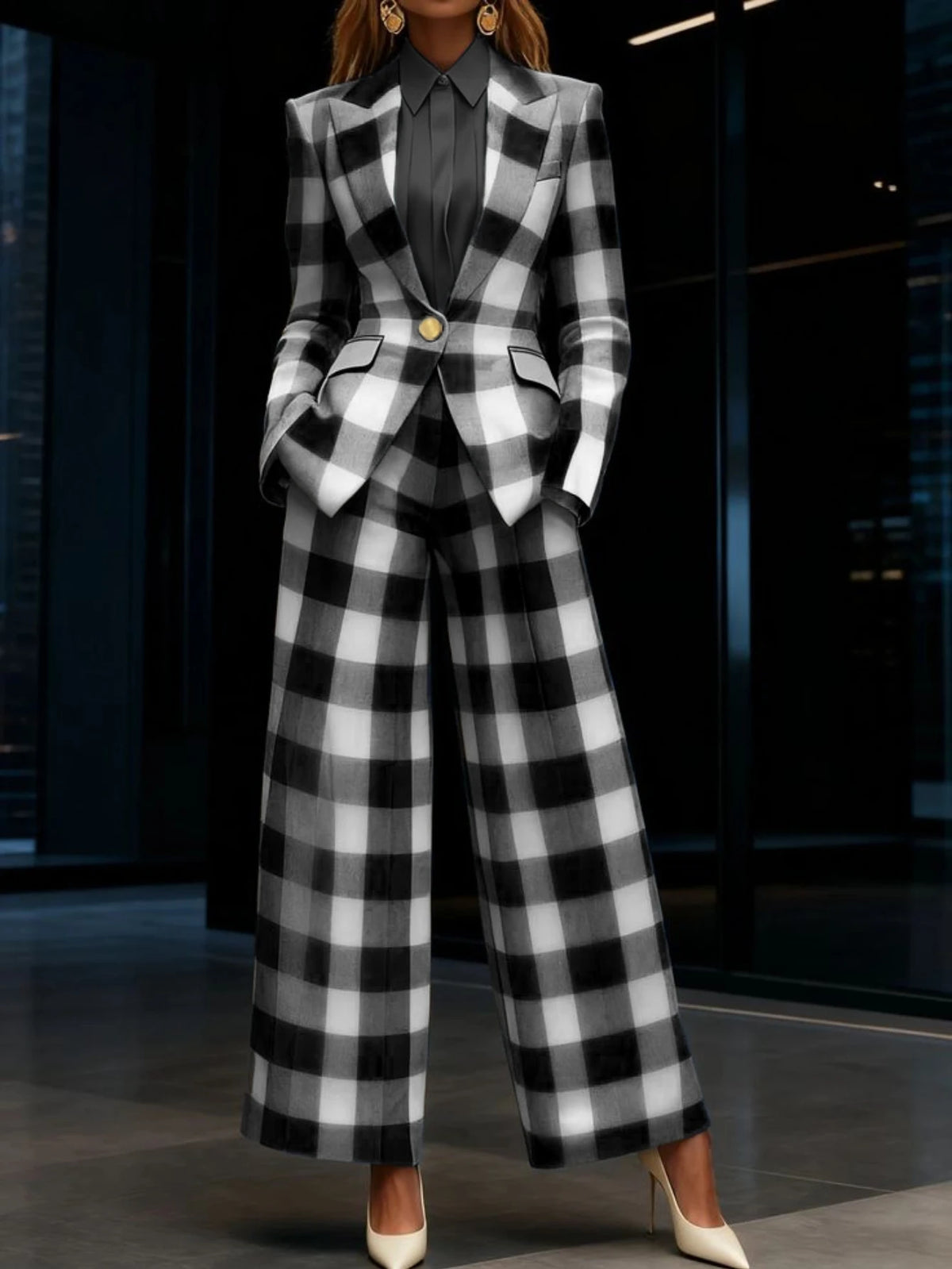 Plaid Print Womens Blazer And Wide Leg Pants Business Suit