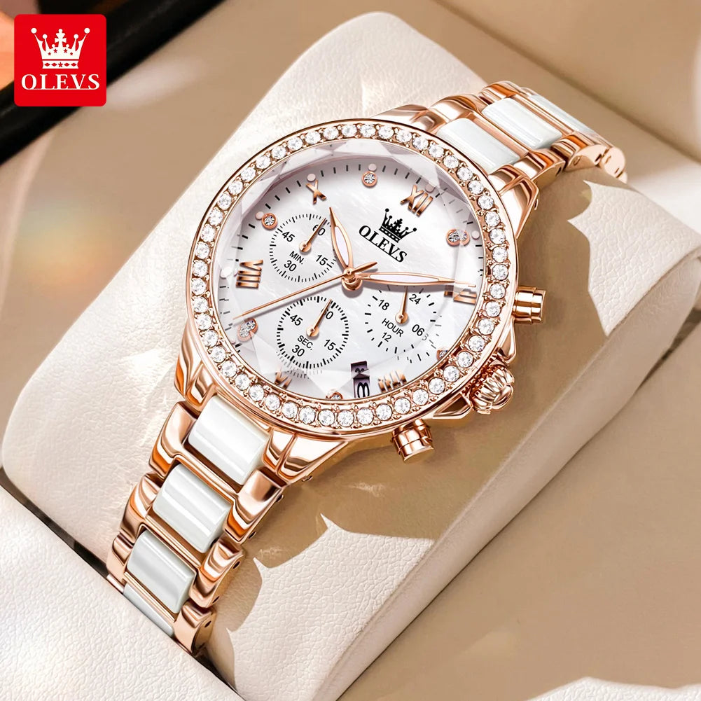 OLEVS Women Chronograph Ceramic Watch Waterproof Elegant Dress