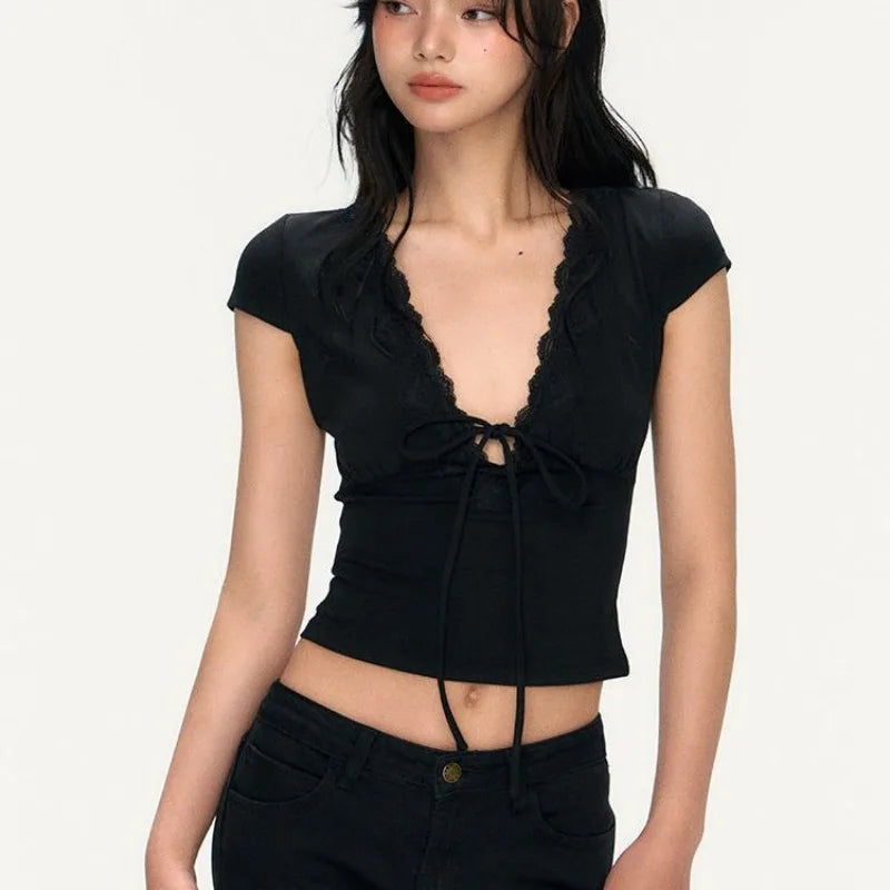 Sexy French Lace Trim T-shirt Women Deep V Neck Lace Up Solid Casual Short Sleeve Summer Vintage Slim Fit Streetwear Crop Tops