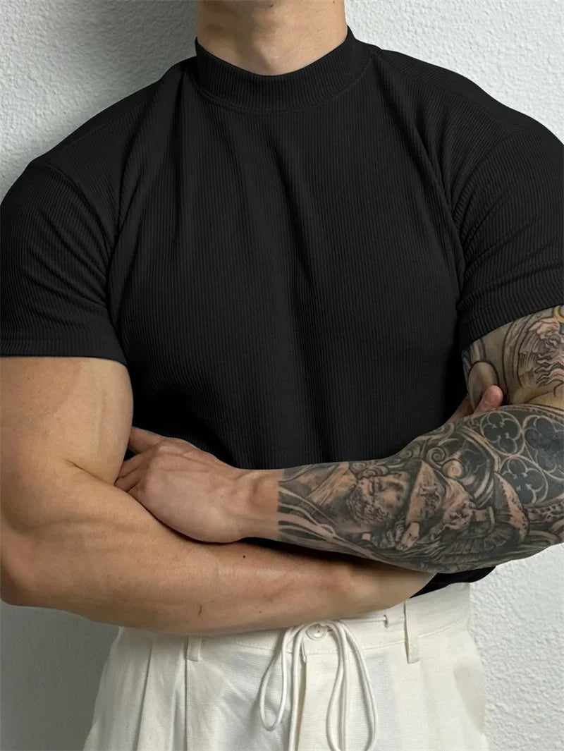 spring summer fashion Men's T-shirt Small high collar stripe shirt short sleeve fitness top leisure sport T-shirt Men sportswear