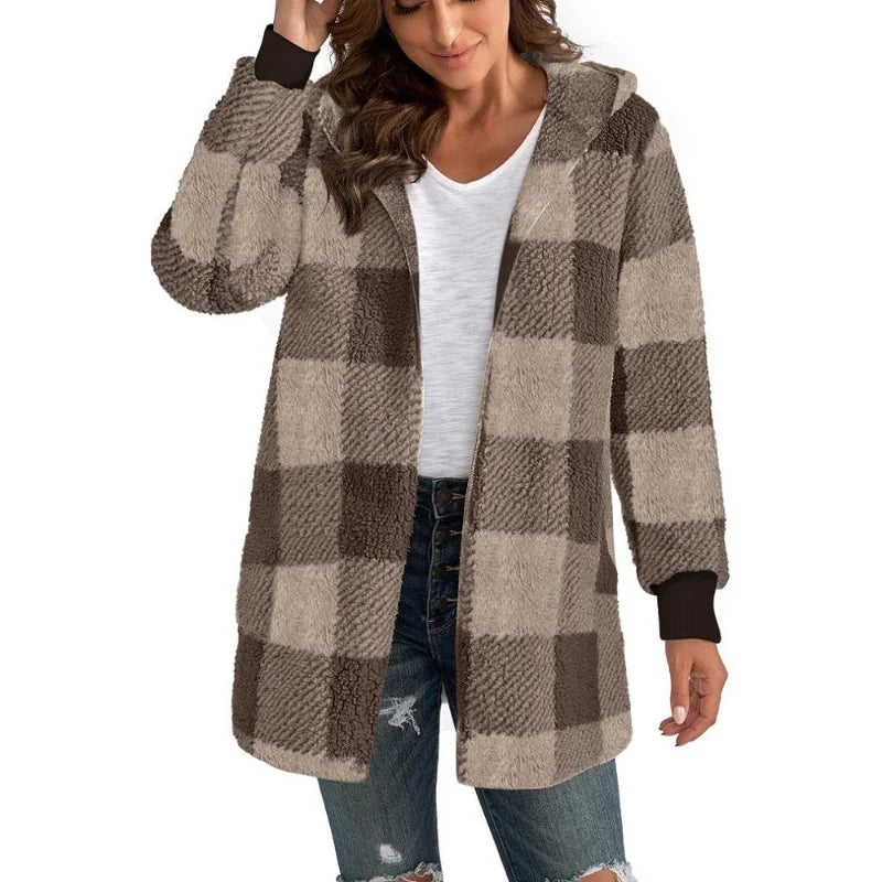 Women's Plaid Fleece Hooded Cardigan Jacket With Patchwork Design