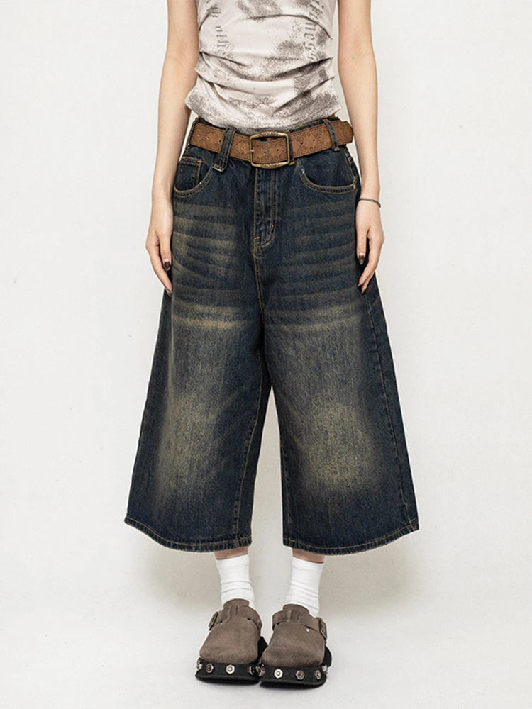 Linglsix High Waist Denim Shorts Loose Fit Harajuku Streetwear