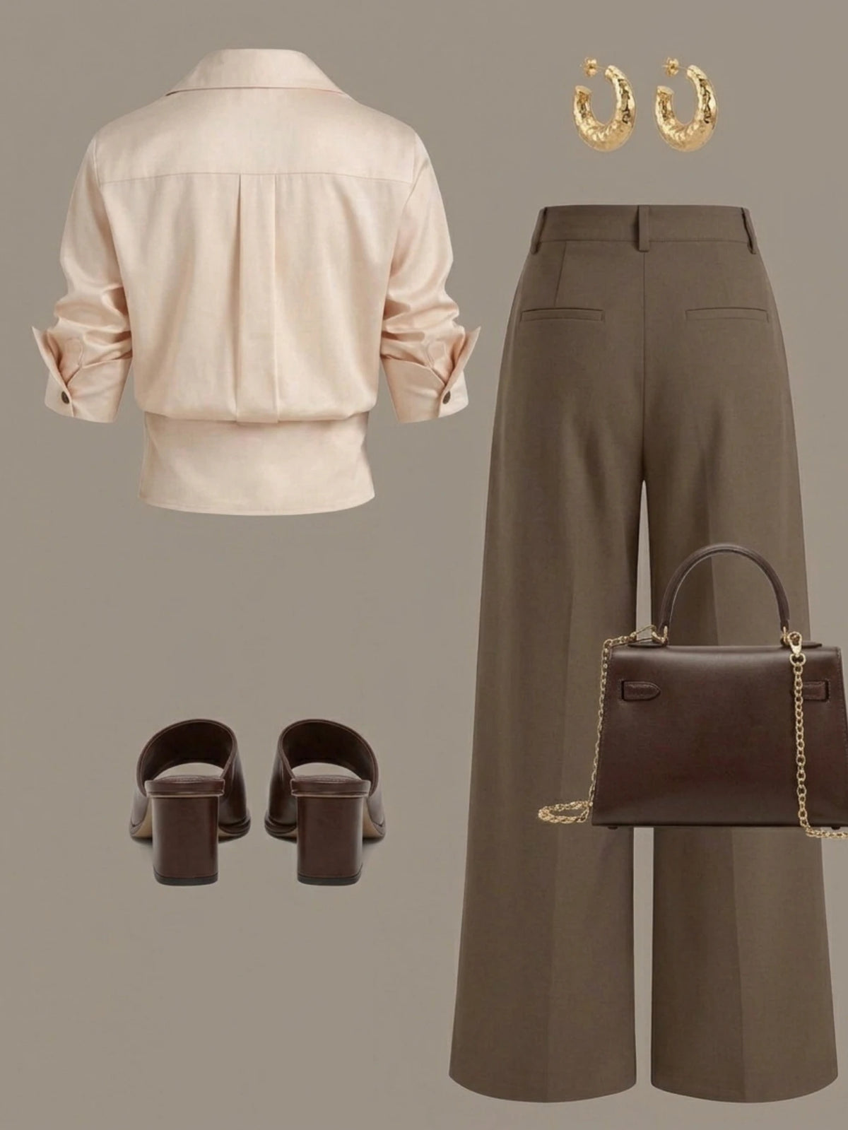 Women's Cropped Button Front Shirt And Wide Leg Trousers Set