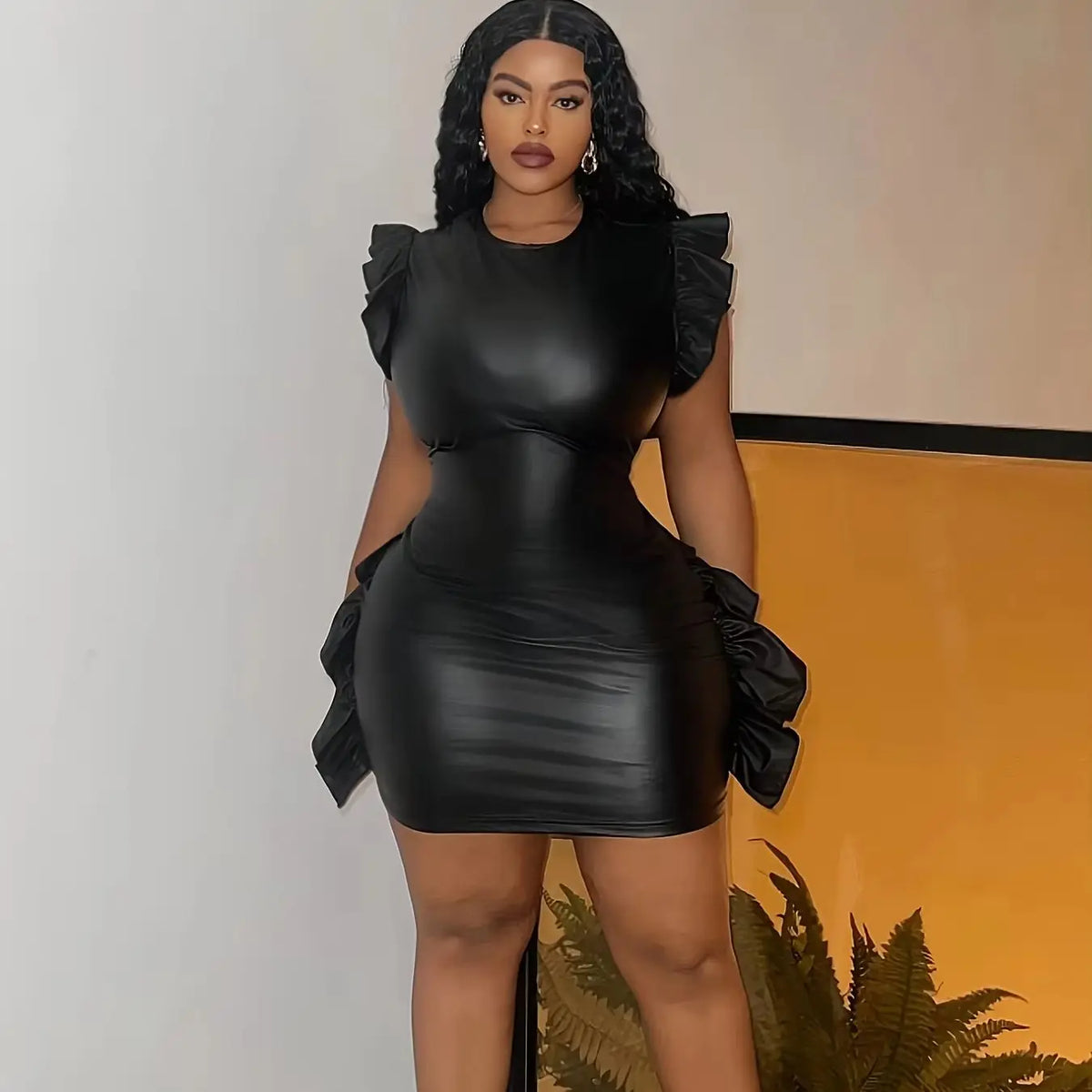 Faux Leather Ruffle Trim Bodycon Party Dress for Women
