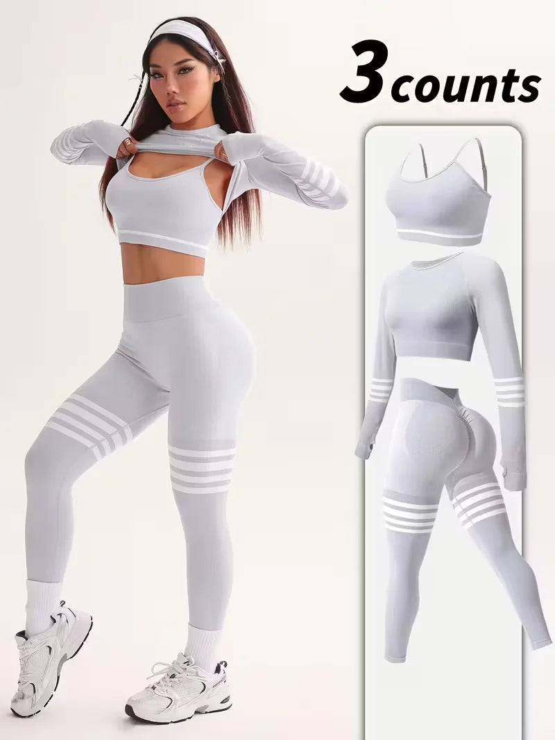 Womens Striped Tracksuit Set Crop Top Leggings Bra