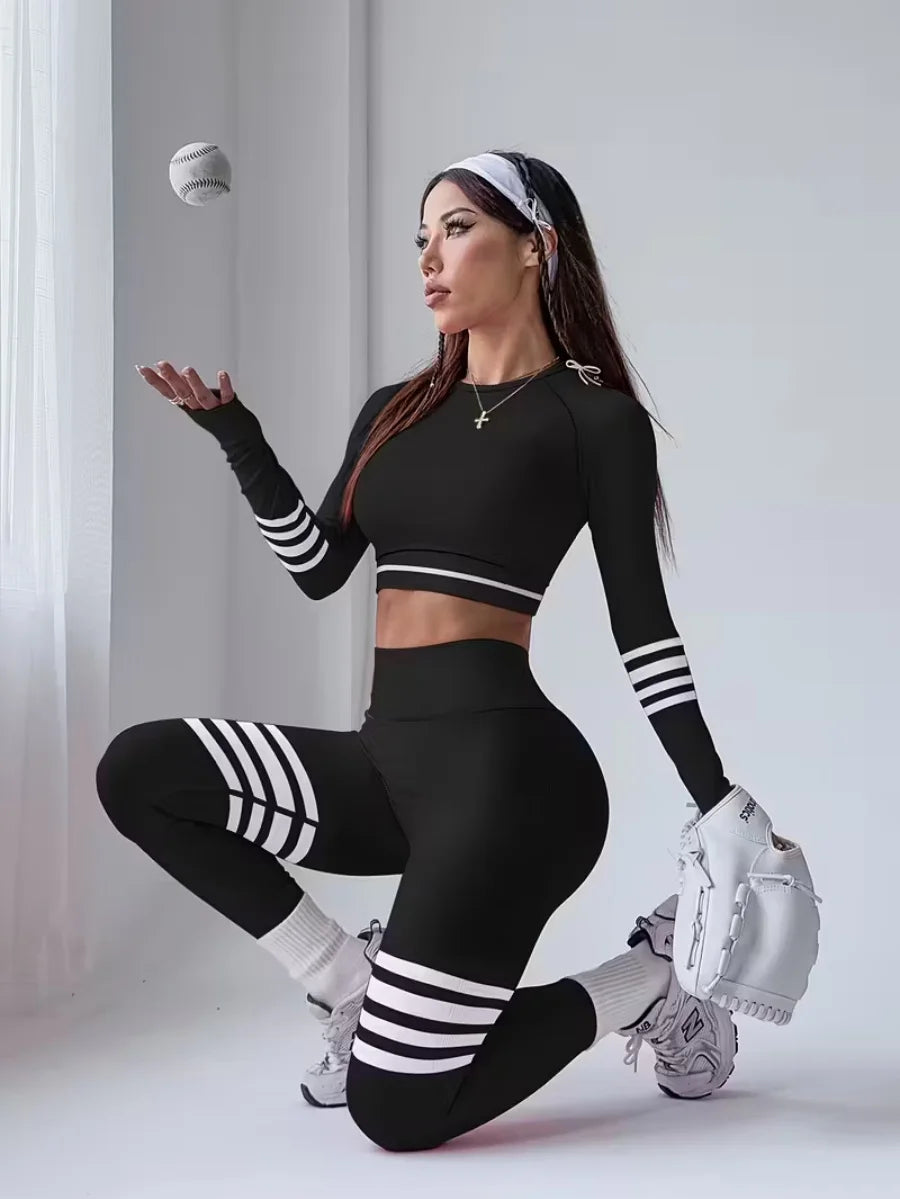Womens Striped Tracksuit Set Crop Top Leggings Bra
