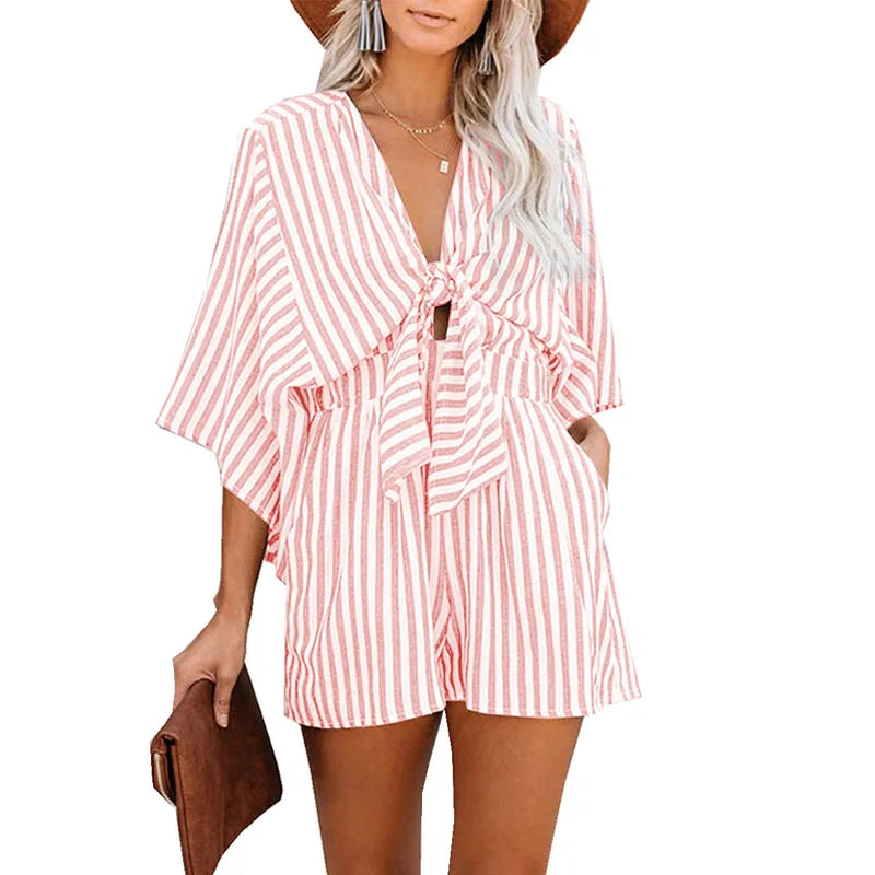 Women Striped Jumpsuit With Deep V Neck And Flared Sleeves