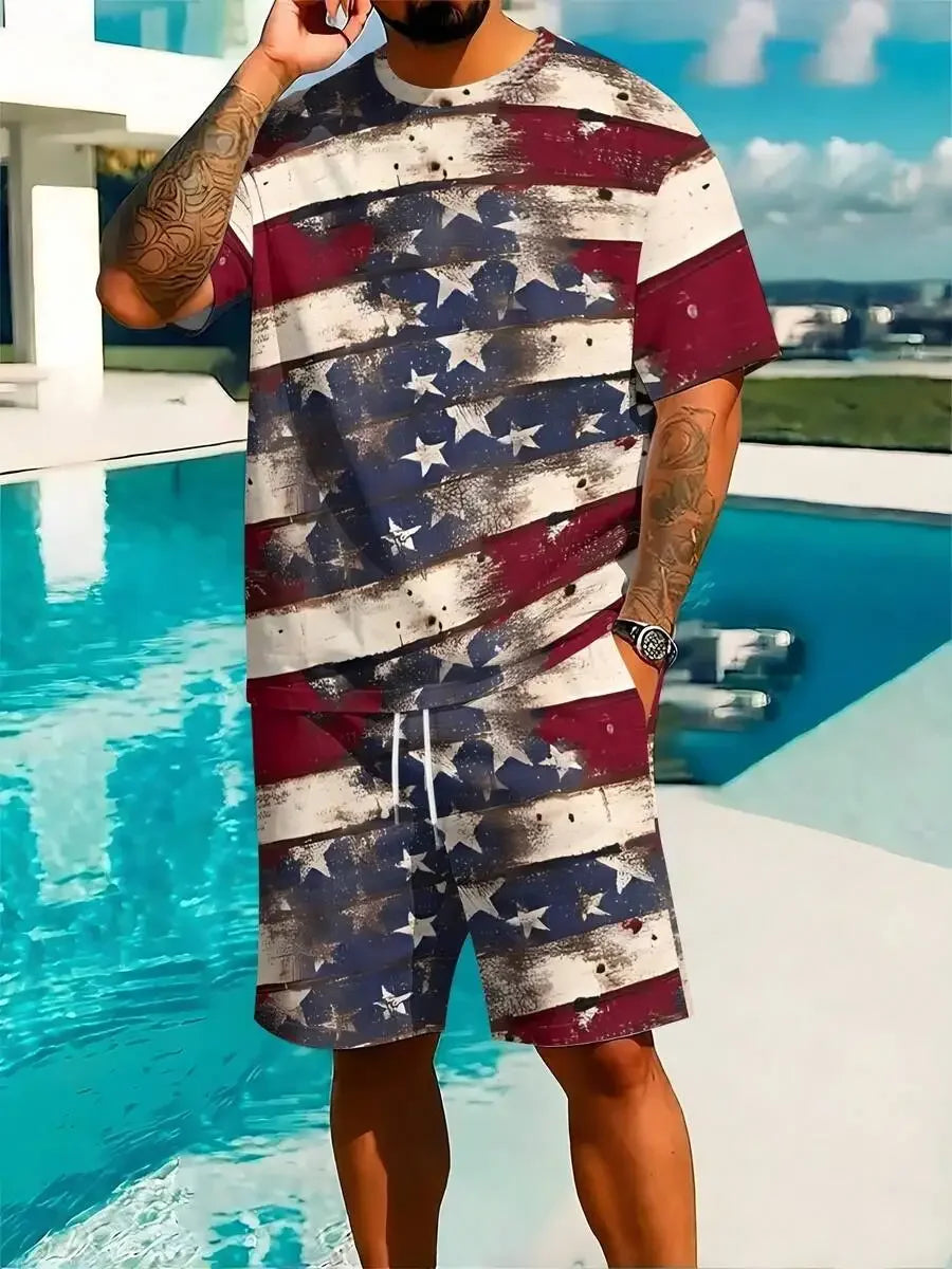 Vintage USA Flag Print Short Sleeve Tee And Shorts Set
