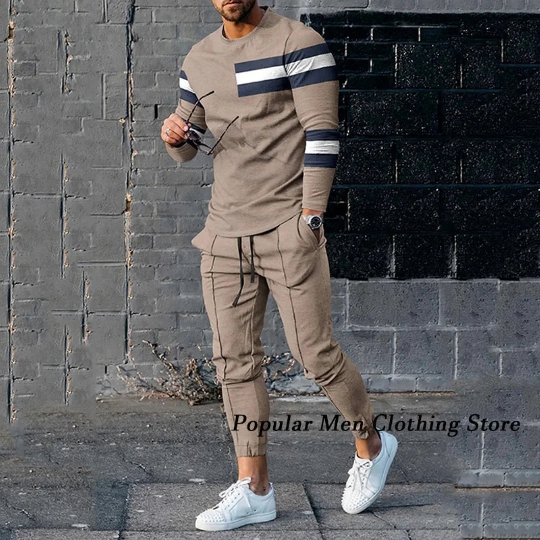Mens Casual Tracksuit Set Long Sleeve T Shirt Trousers