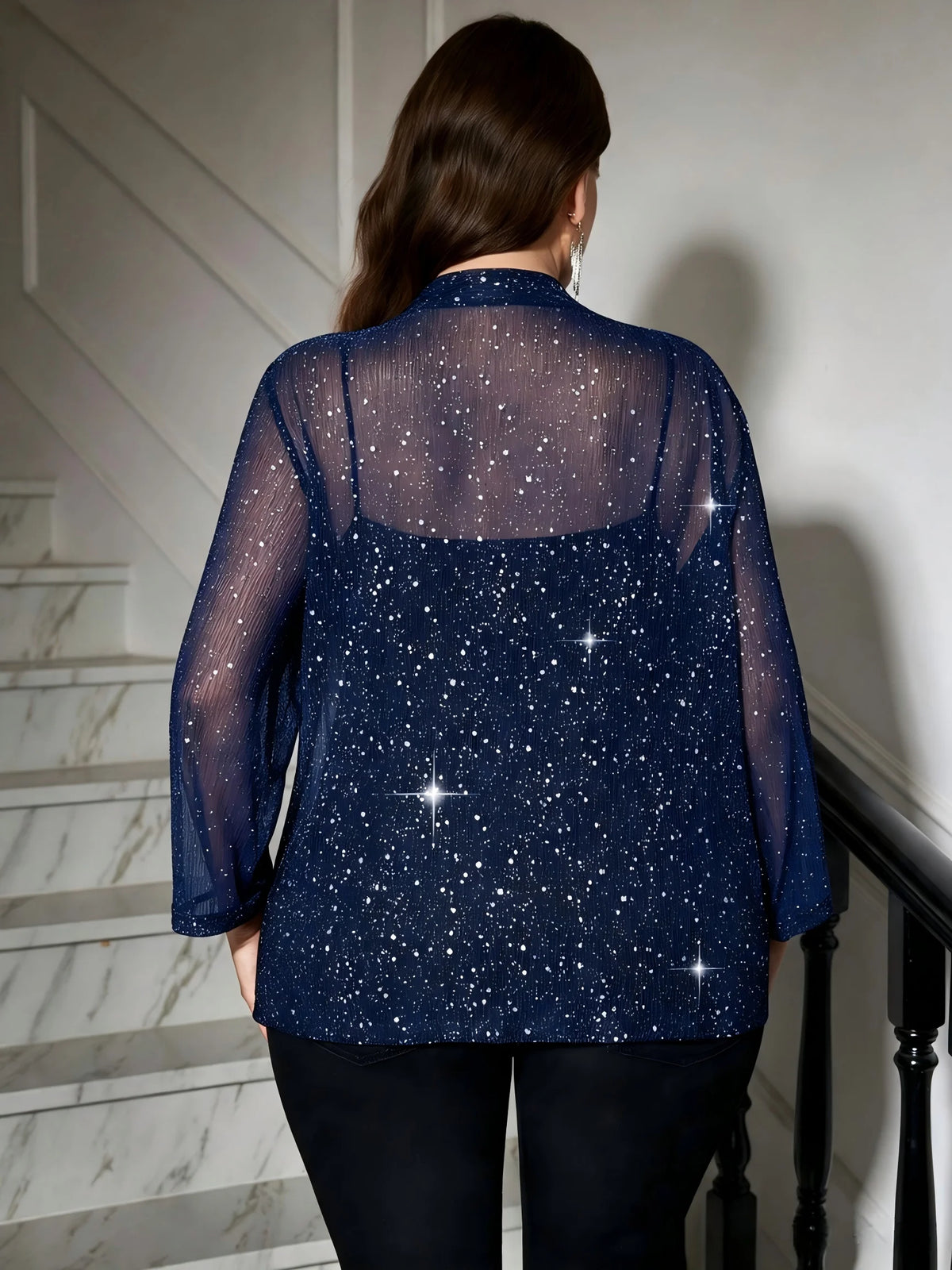 Womens Glitter Mesh Kimono Cardigan With Three Quarter Sleeves