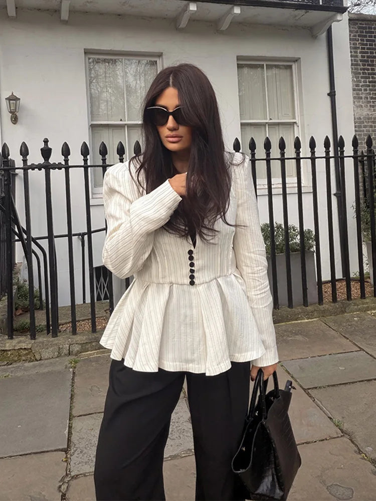 Chin Sweety Striped Peplum Blazer Blouse For Women Office Wear