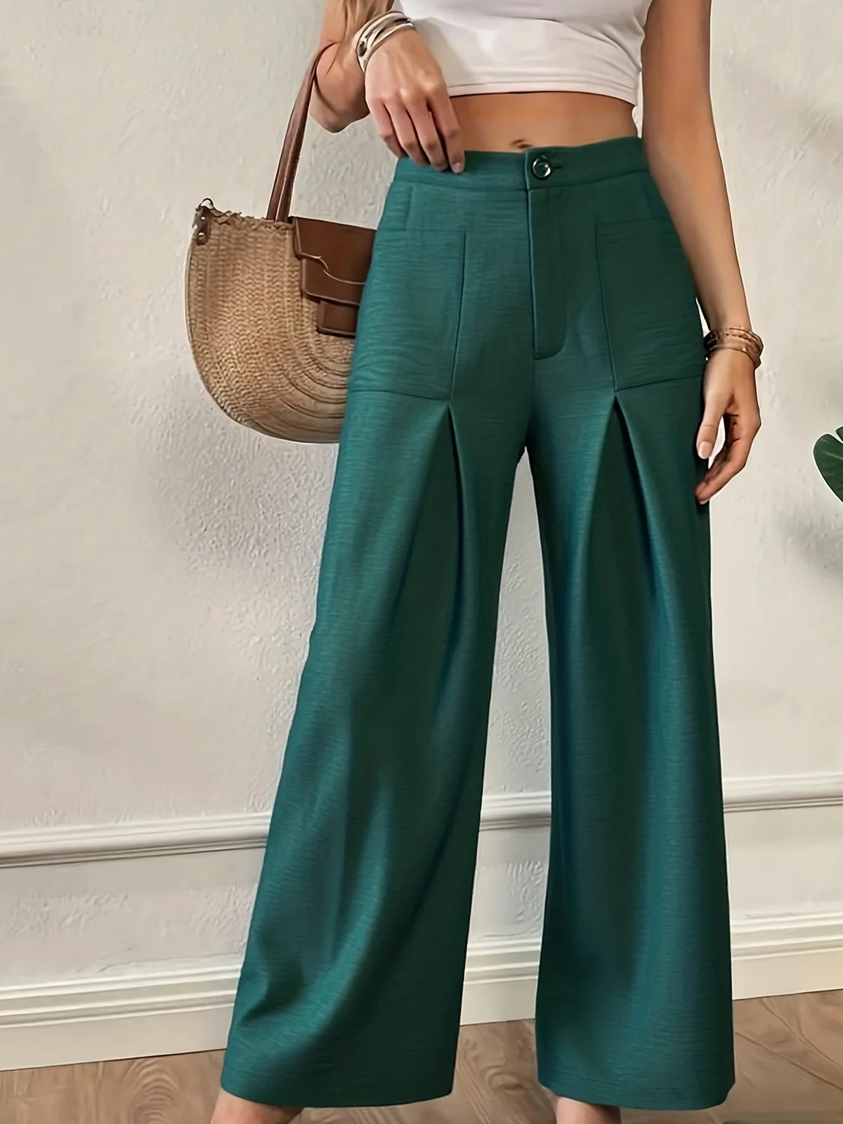 Womens Textured High Waist Wide Leg Trousers With Pockets