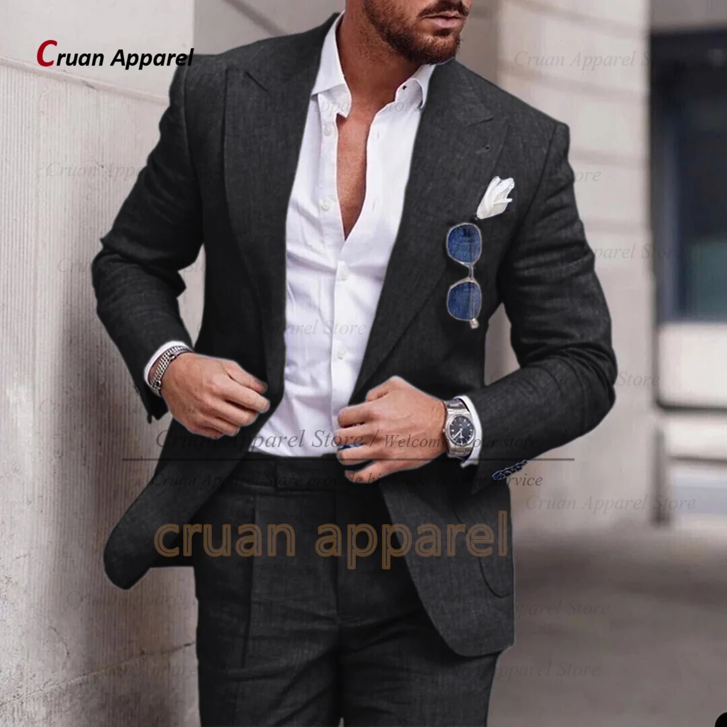 Men's Linen Suit Set With Peaked Lapel Blazer Pants
