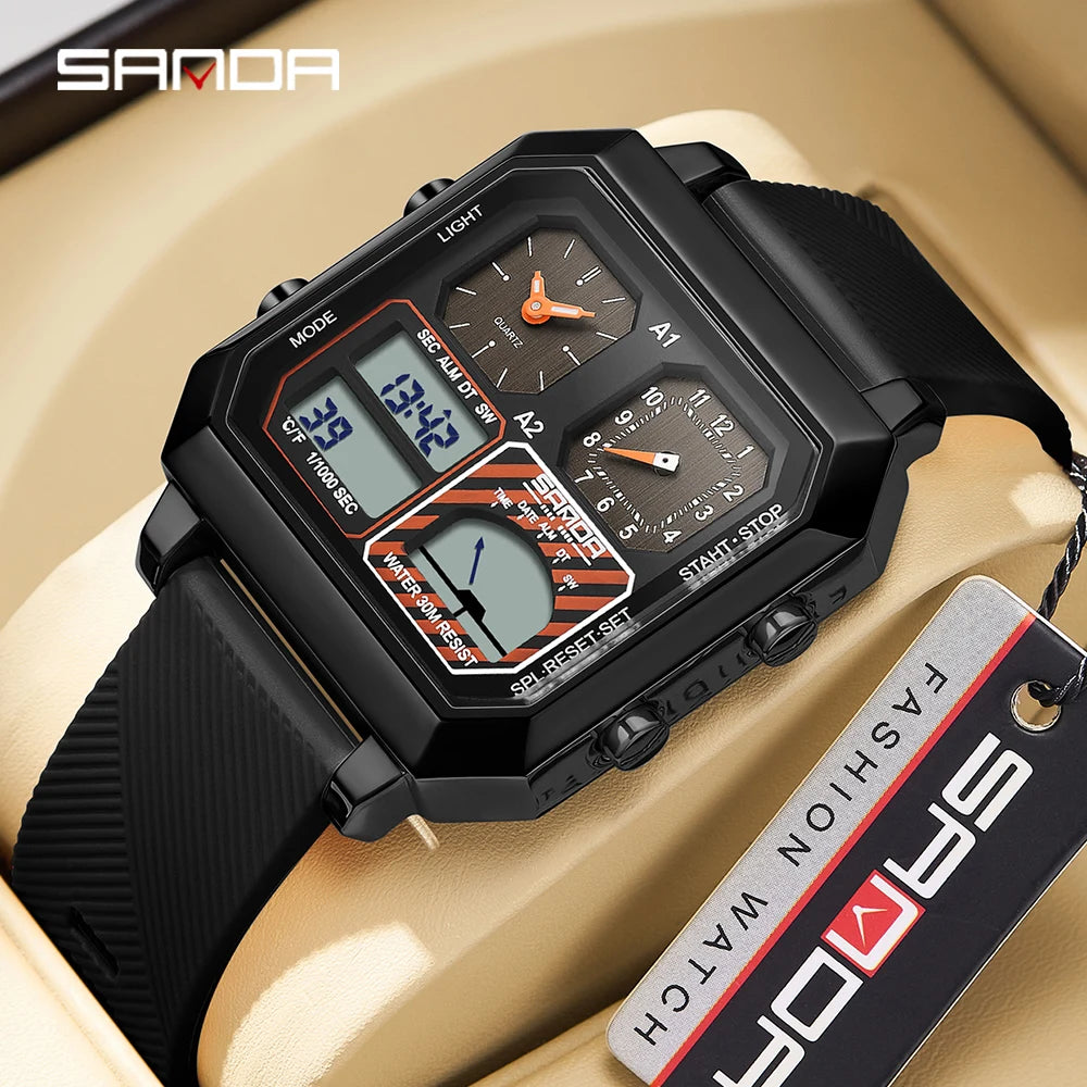 Sanda Men Electronic Watch With Temperature Gauge And Steel Case