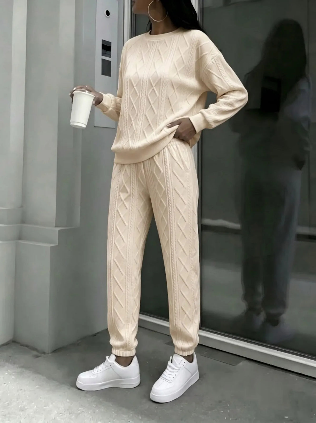 Women Cable Knit Crewneck Sweater And Jogger Pants Set