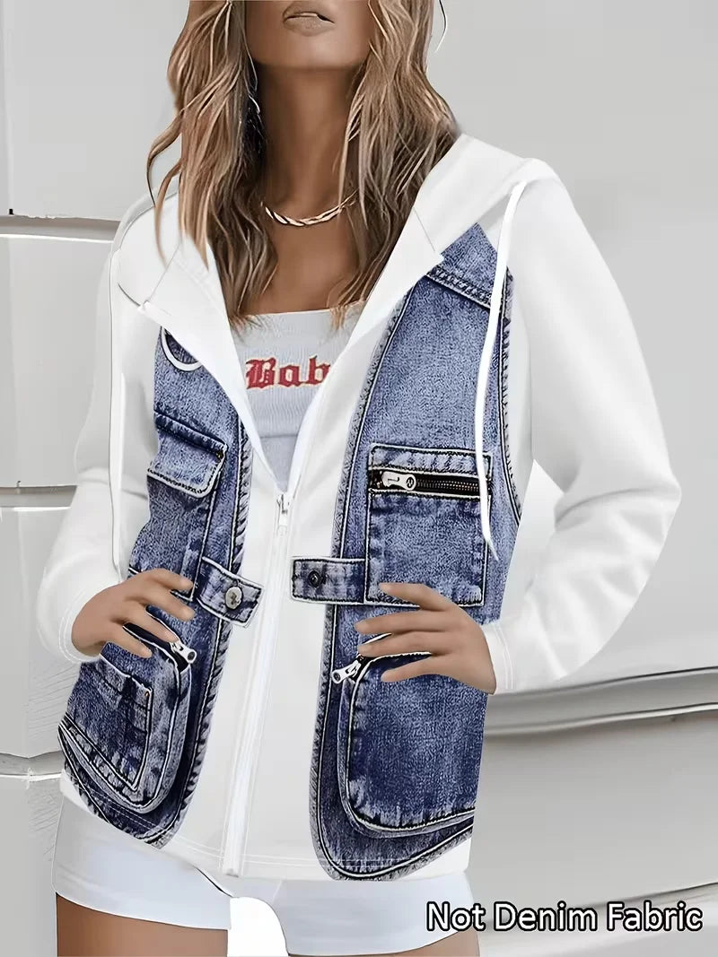Womens Hooded Zip Up Jacket With Faux Denim Patchwork Design