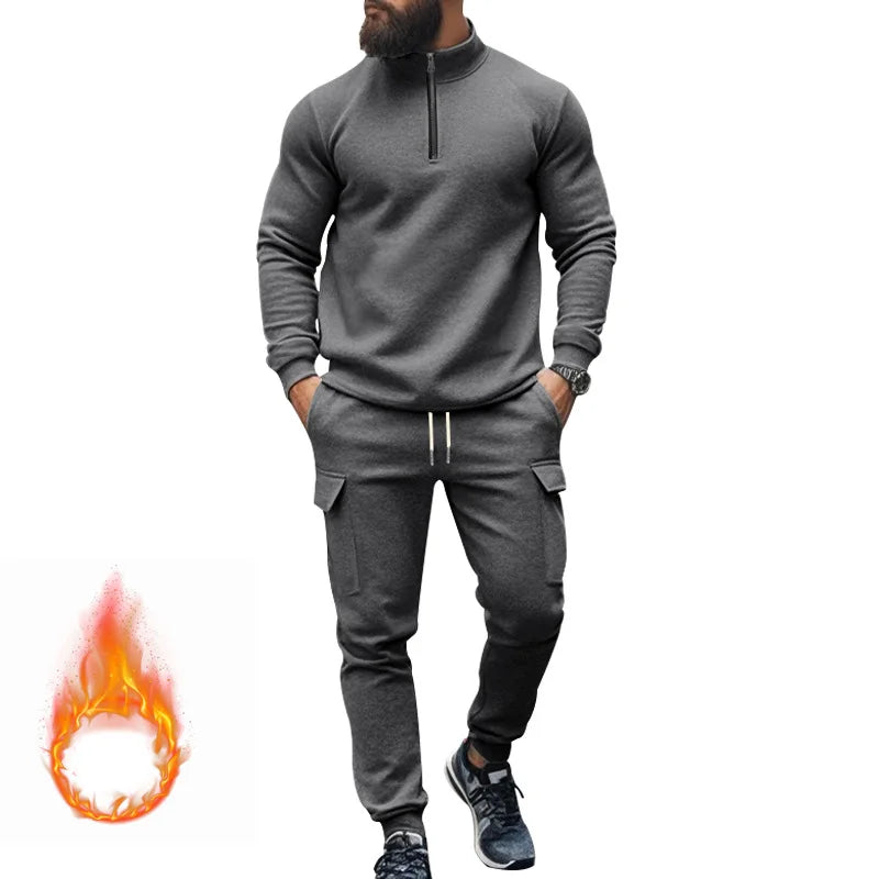 2024 autumn and winter men's casual velvet warm zipper sports trousers set