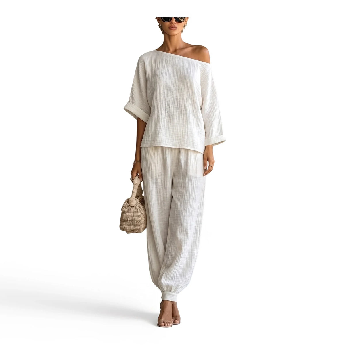 Women's Off Shoulder Textured Two Piece Top And Jogger Suit